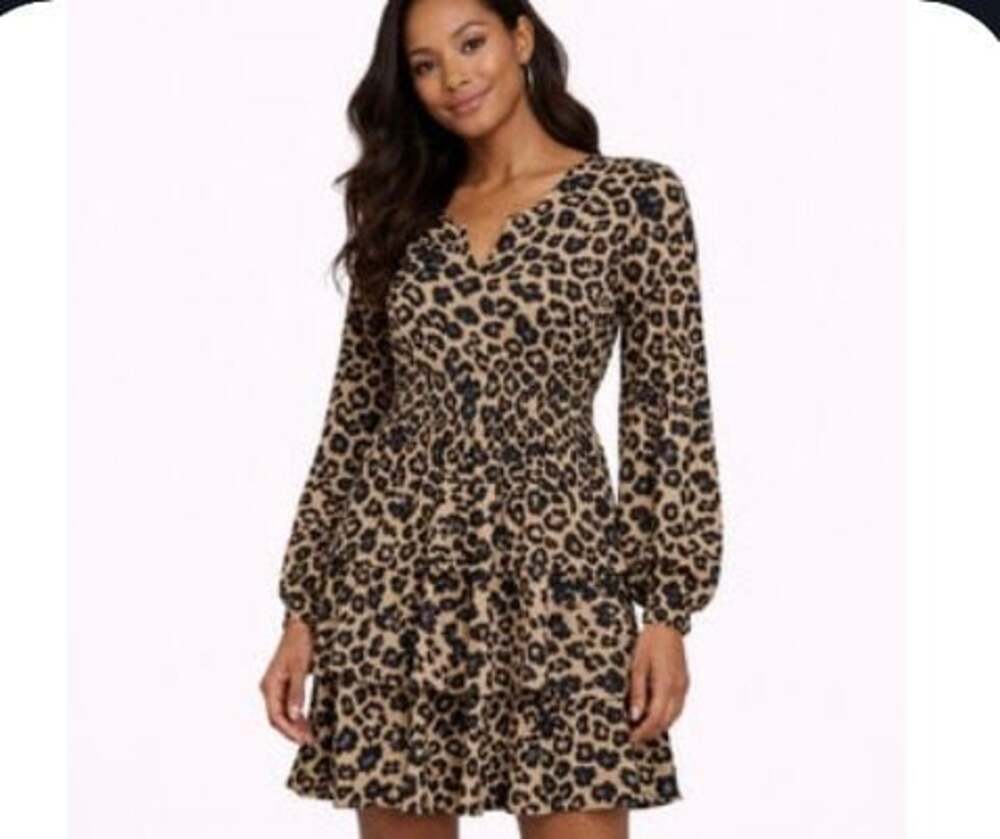 Badgley Mischka Leopard Print Tiered Smocked Waist Dress Size PM